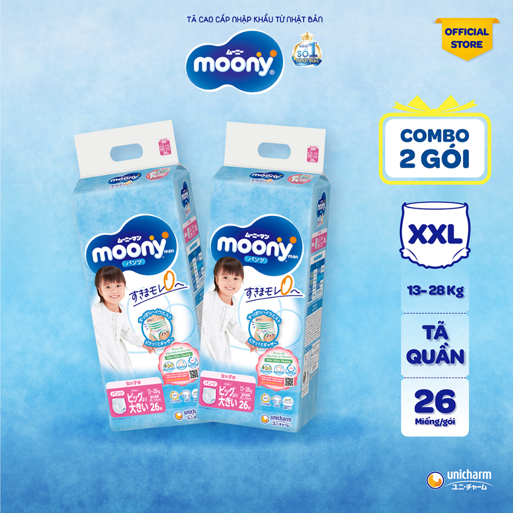 [V] Bộ 2 Tã quần cao cấp Moony Bé Gái L44/XL38/XXL26 - Nhập khẩu Nhật Bản