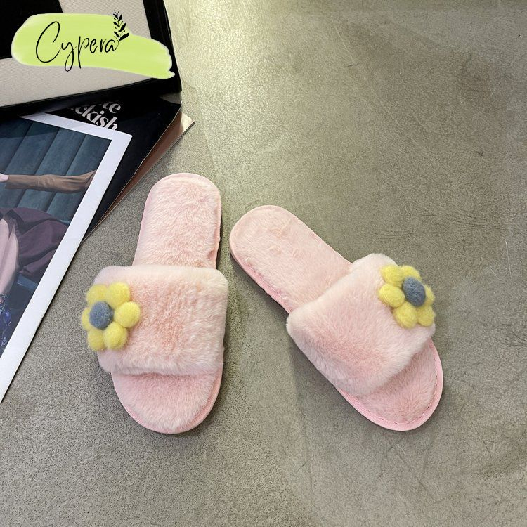 Dép bông đi trong nhà đế cao su siêu êm, dép lông hở mũi hoa xinh xắn - D150