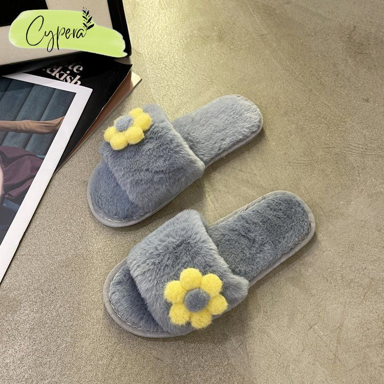 Dép bông đi trong nhà đế cao su siêu êm, dép lông hở mũi hoa xinh xắn - D150