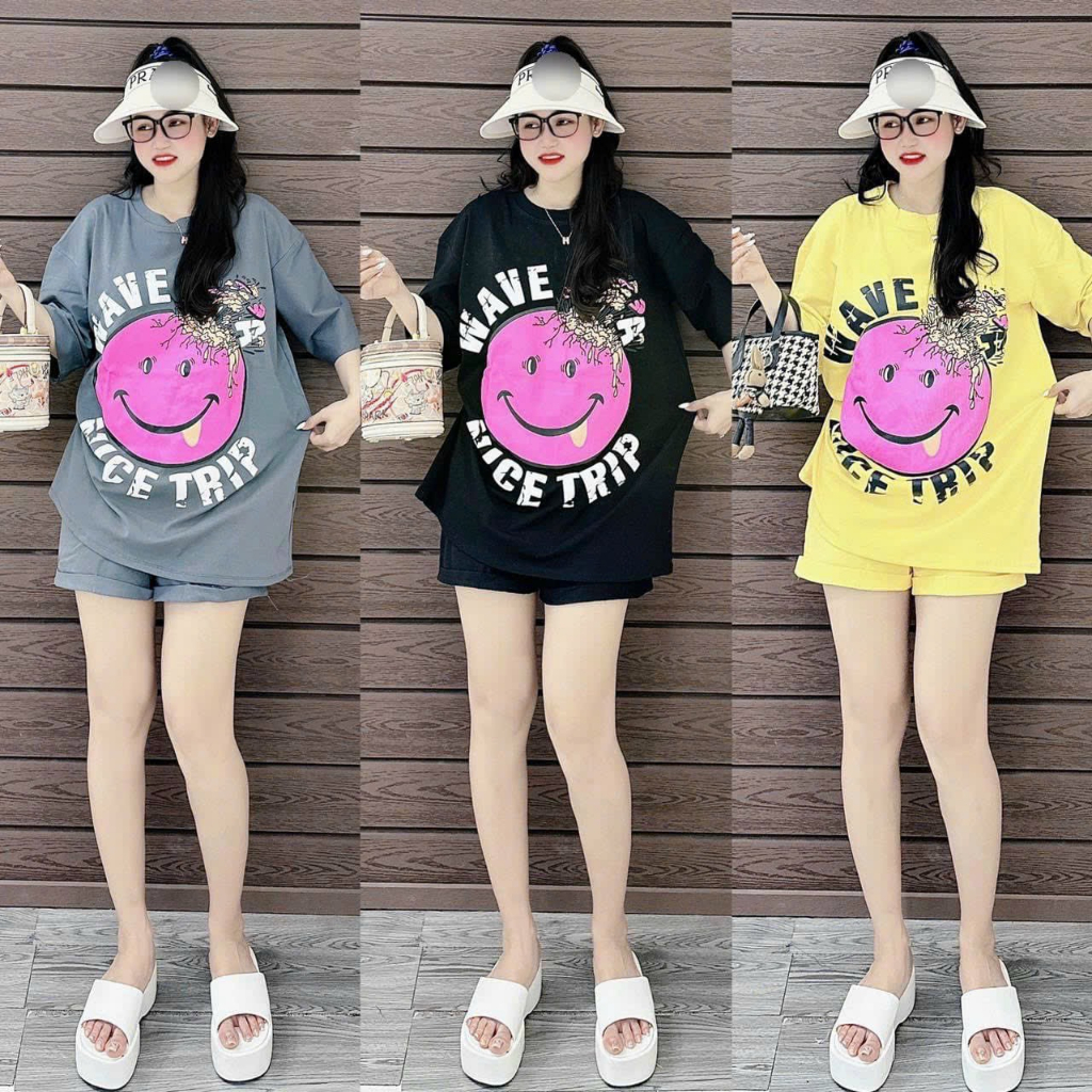 [6.6 Sales Freeship] Set bộ đùi thun mặc nhà mát mẻ, set áo thun from rộng in mặt cười mix quần sooc đùi dễ thương mtb