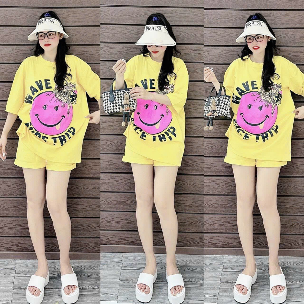 [6.6 Sales Freeship] Set bộ đùi thun mặc nhà mát mẻ, set áo thun from rộng in mặt cười mix quần sooc đùi dễ thương mtb