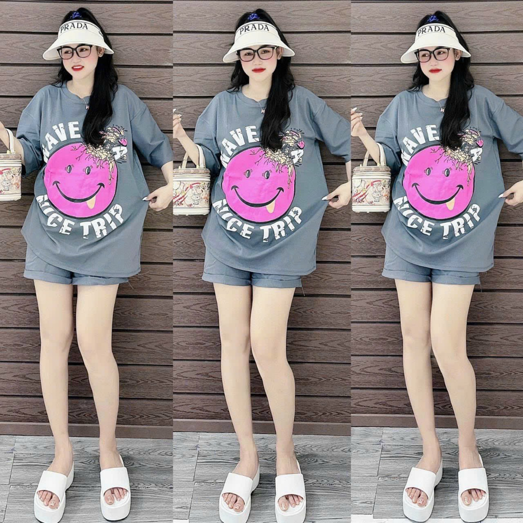 [6.6 Sales Freeship] Set bộ đùi thun mặc nhà mát mẻ, set áo thun from rộng in mặt cười mix quần sooc đùi dễ thương mtb