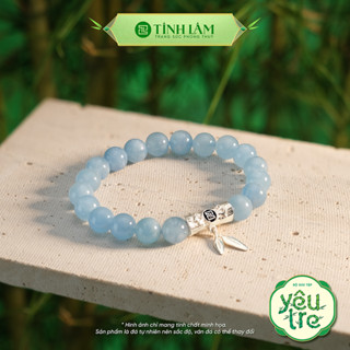 TINH LÂM Vòng Tay Phong Thủy Đá Aquamarine 8,5 Li - Charm Lu Thống Lá Tre