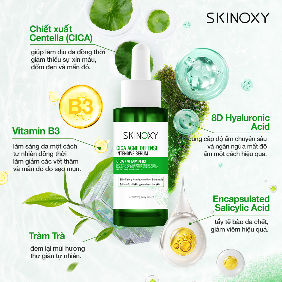 Tinh chất giúp làm dịu da chiết xuất rau má – Vitamin B3 Skinoxy Cica Acne Defense Intensive Serum - 9 ml