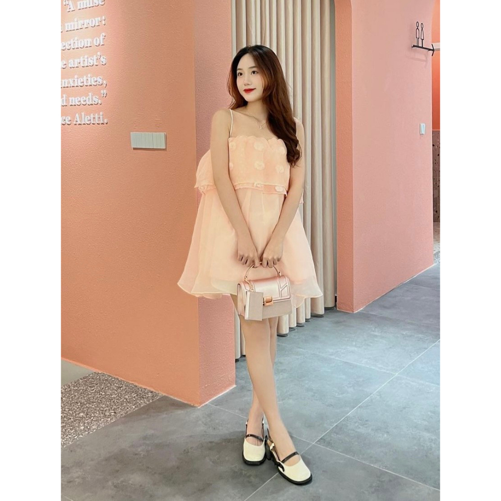 Váy hai dây tiểu thư form babydoll Hồng Pastel 3 lớp vải Aguja AMANDA