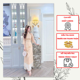 Áo dài cách tân voan tơ mềm đính cúc vệ cách điệu, màu da, vải voan tơ kết hợp lót lụa, không nhăn, không xù
