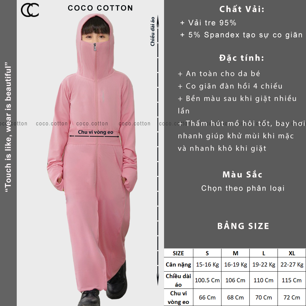 Áo chống nắng cho bé toàn thân CoCoCotton liền thân dáng dài an toàn cho da bé