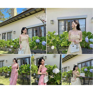 Đầm Cúp Ngực, Đầm váy nữ đi biển, Đầm Maxi, Đầm voan họa tiết hoa kèm dây cổ đính hoa