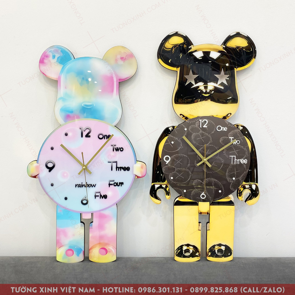 Đồng hồ treo tường tráng gương cao cấp Gấu Bearbrick 3D Hiện Đại