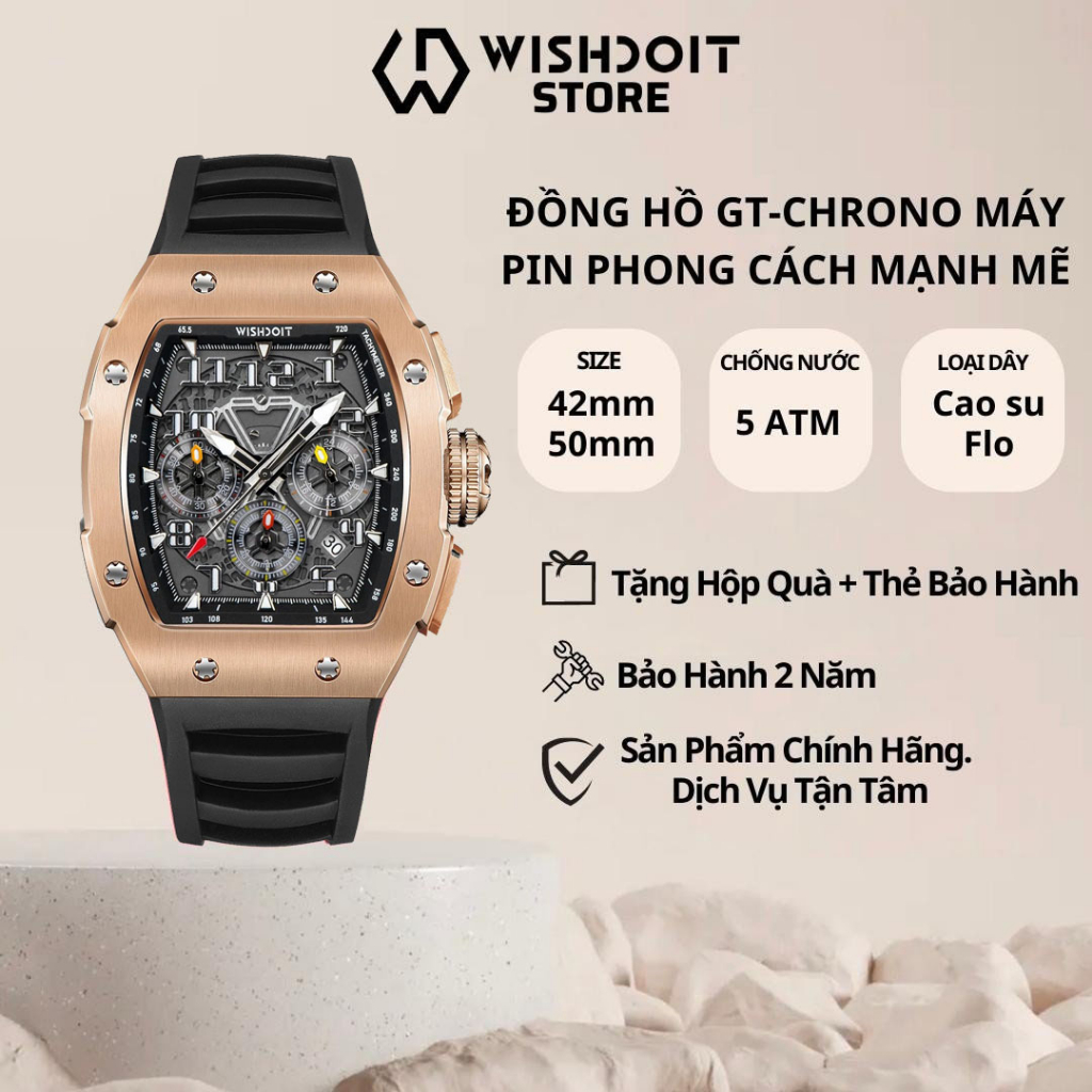 Đồng Hồ Nam WISHDOIT GT Chrono-Rose Gold Chạy 6 Kim, Bấm Giờ Thể Thao 