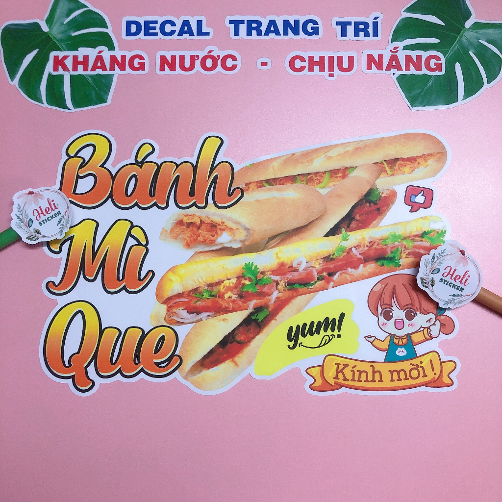 Decal Trang Trí BÁNH MÌ QUE Loại 1 ✨ Hình Dán Decor Tiệm Bánh mì, Ăn Vặt - Sticker Kháng Nước, Chịu Nắng, Cắt Sẵn.