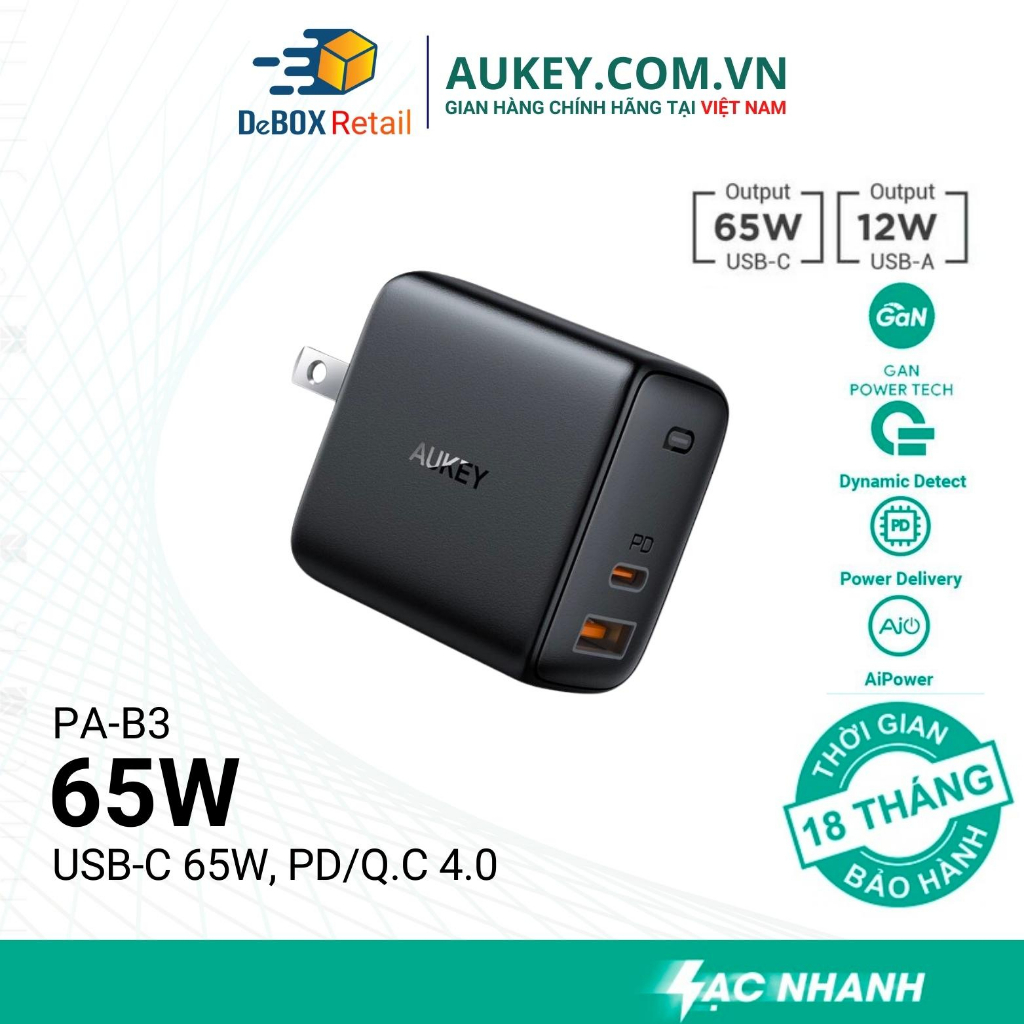 Củ sạc nhanh AUKEY PA-B3 Omnia 65W GAN Bộ sạc laptop PD 3.0 QC 4.0 45W cho Máy tính xách tay - Hàng chính hãng