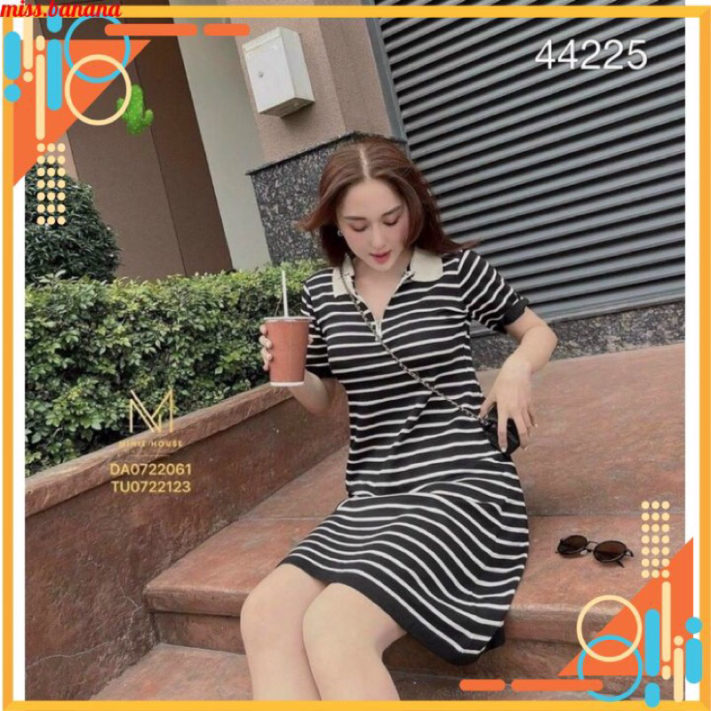 Đầm Suông Rộng Sọc Vèn Thun Gân Cổ Sơ Mi nby