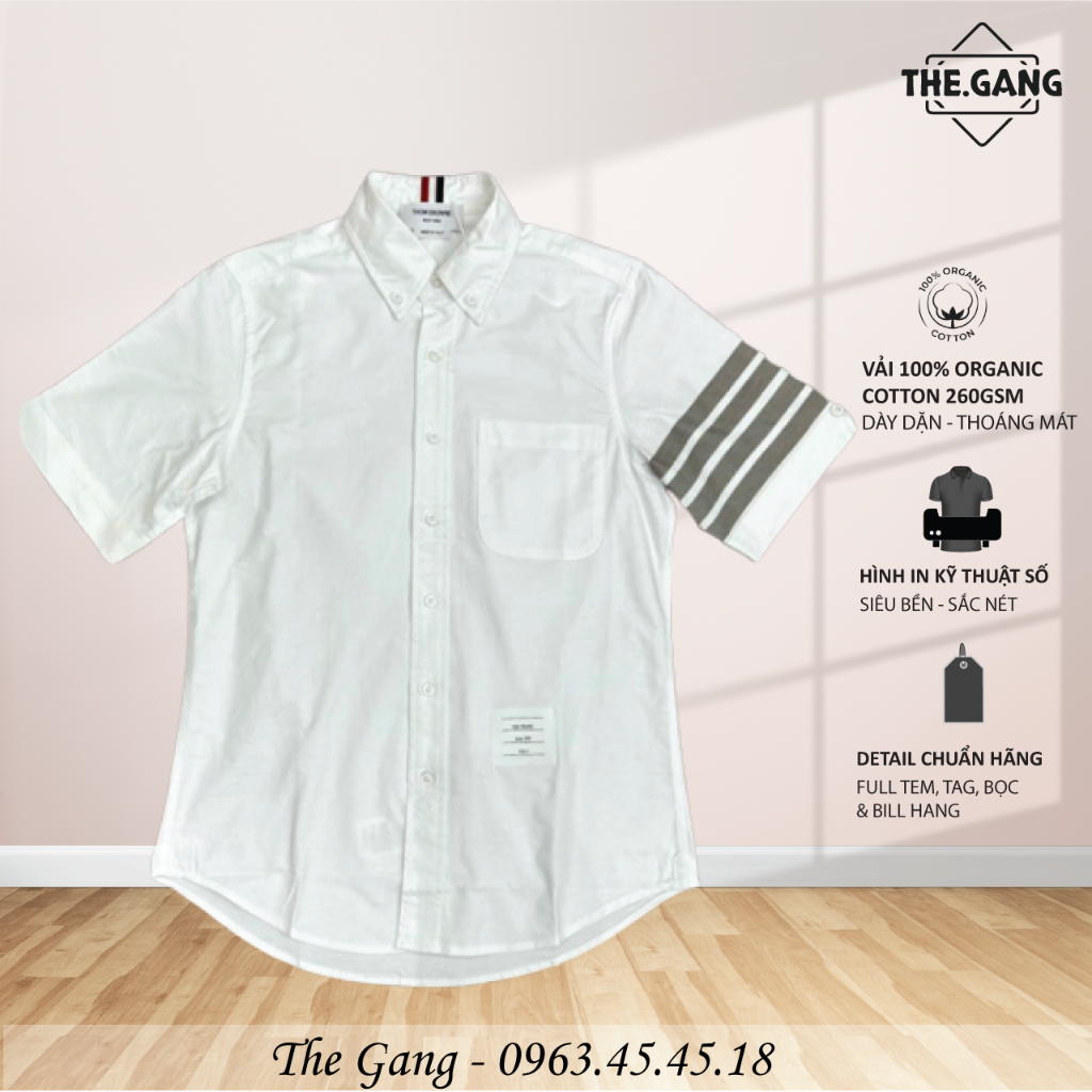 Áo sơ mi Thom browne tay ngắn, trắng viền 4 sọc xám The.Gang