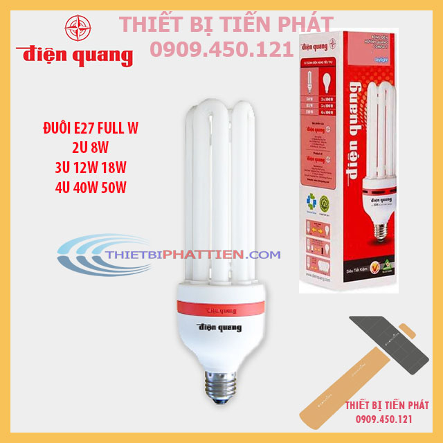 BÓNG ĐÈN COMPACT ĐIỆN QUANG 2U 8W, 3U 14W 18W, 4U 40W 50W DÙNG ĐUÔI E27 CHÍNH HÃNG