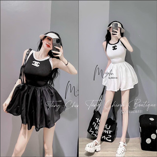 ĐẦM BODY BA LỖ VIỀN MÀU THÊU LOGO DÁNG NGẮN XOÈ
