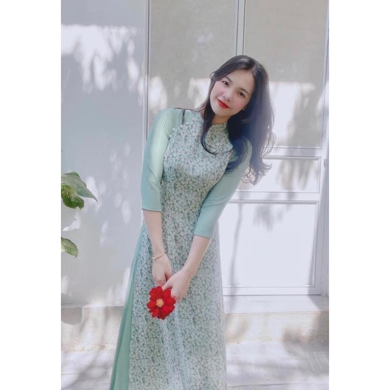 Áo dài xanh ngọc phối tay trơn