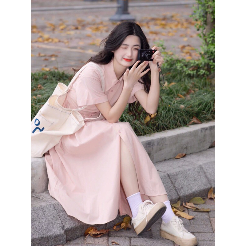 Đầm sơ mi hồng phấn dễ thương