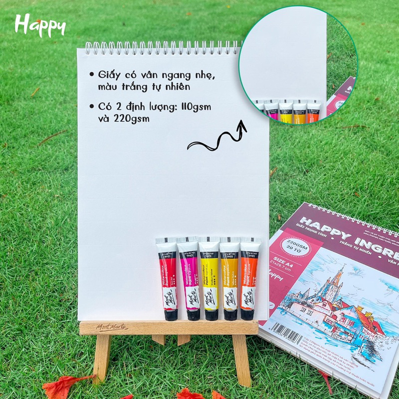 Sổ Vẽ Happy Canson Ingres Vân Ngang A4/A3 220gsm (Giấy vẽ Màu nước, Acrylic, Marker, Màu Sáp...)