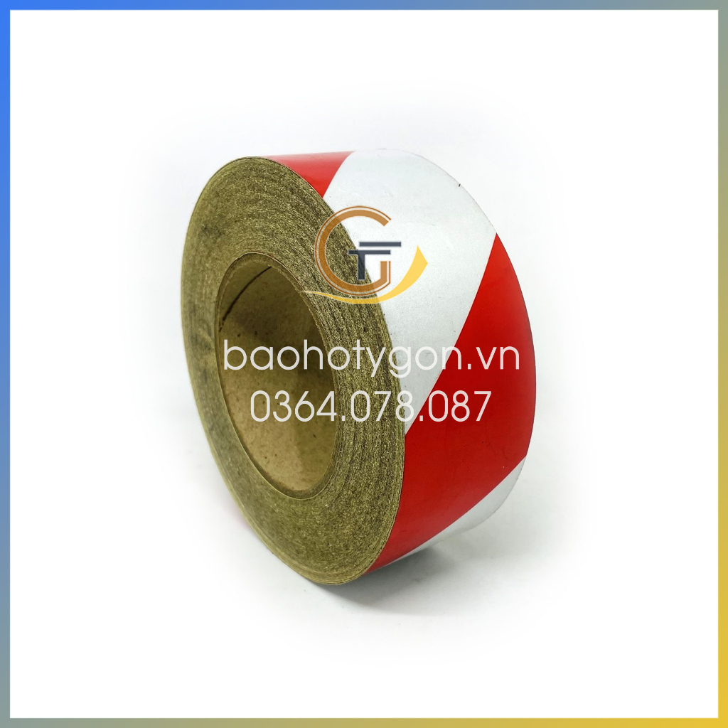 Cuộn băng keo phản quang decal trắng chéo đỏ 5cm x 45 mét/ cuộn