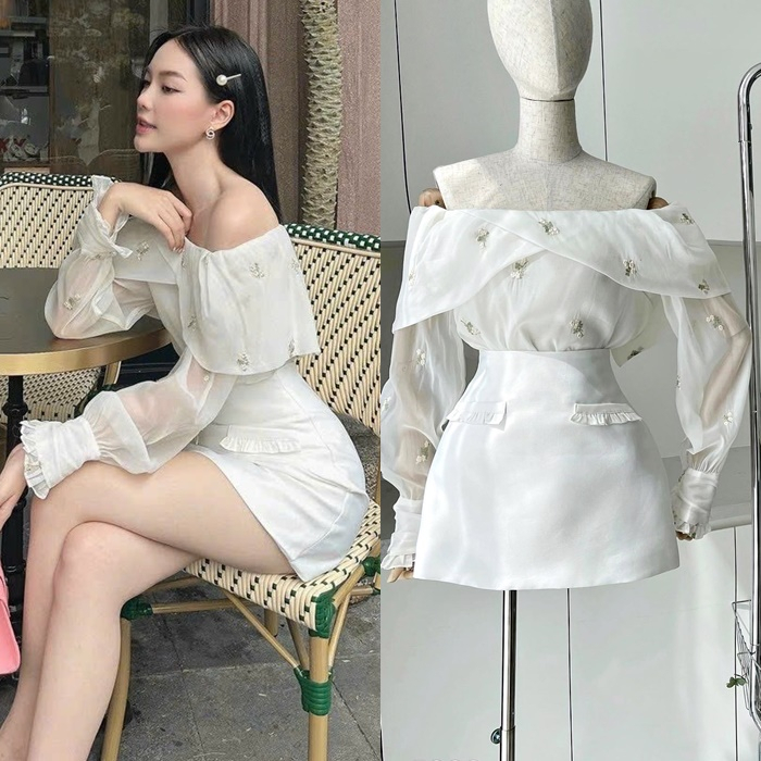 ĐẦM SET ÁO TRỄ VAI SUÔNG HOA VOAN TAY DÀI BÈO + CHÂN VÁY CHỮ A NGẮN LƯNG CAO TRẮNG TRƠN ĐI TIỆC DẠO PHỐ ĐI CHƠI ĐI BIỂN