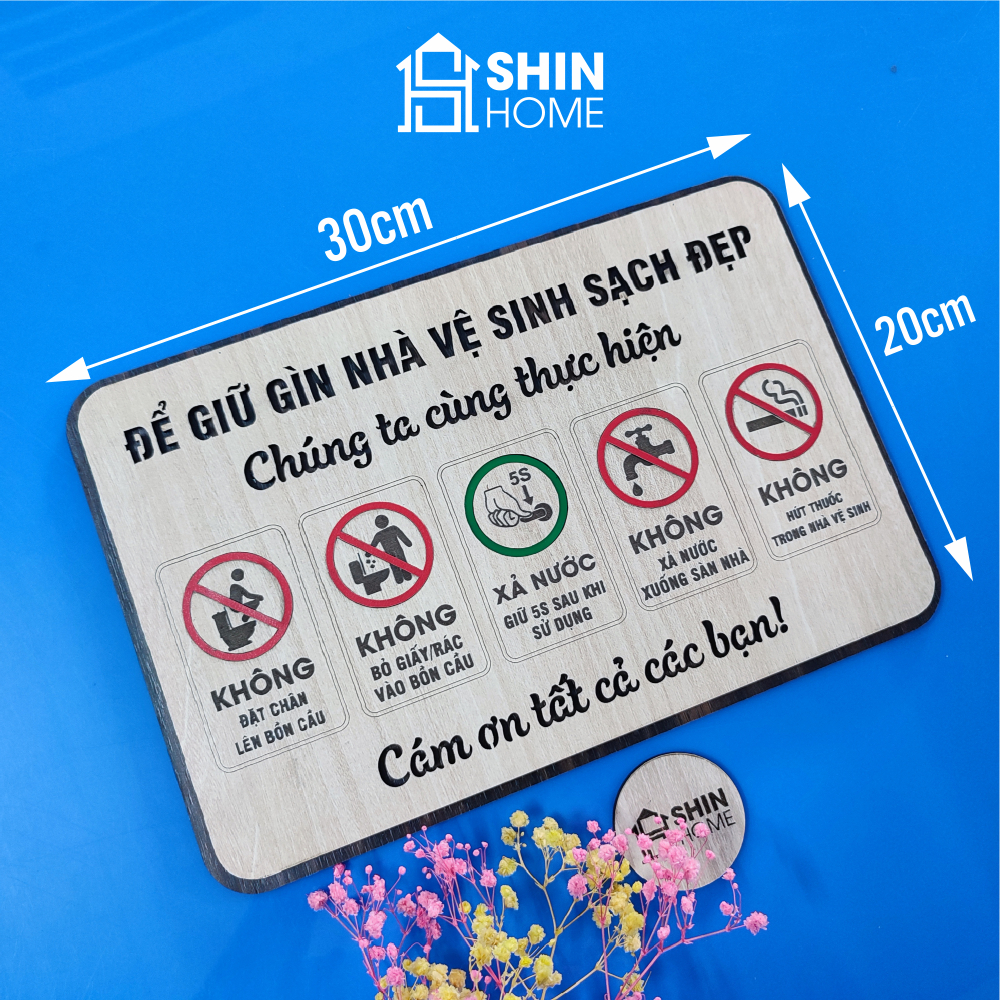 Biển quy định nhà vệ sinh chung giữ gìn toilet sạch sẽ bằng gỗ khắc laser có sẵn keo dán