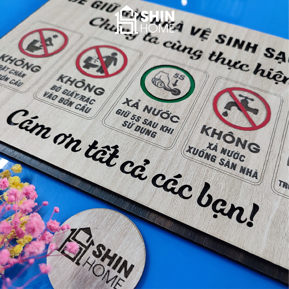 Biển quy định nhà vệ sinh chung giữ gìn toilet sạch sẽ bằng gỗ khắc laser có sẵn keo dán