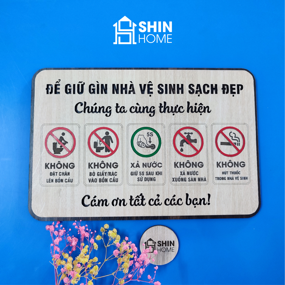 Biển quy định nhà vệ sinh chung giữ gìn toilet sạch sẽ bằng gỗ khắc laser có sẵn keo dán