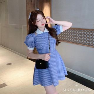 Váy kẻ sọc 2 màu cổ sơ mi tay bồng cutout vai cách điệu xoè A Gwen M dress Mayberoom