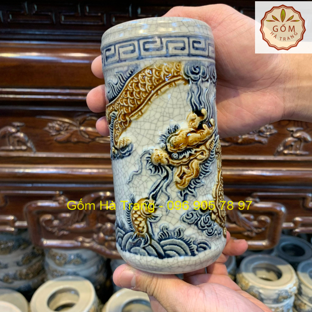 Ống Cắm Hương, Lọ Đựng Hương - Họa tiết Rồng-Sen - Men Rạn Đắp Nổi Bát Tràng