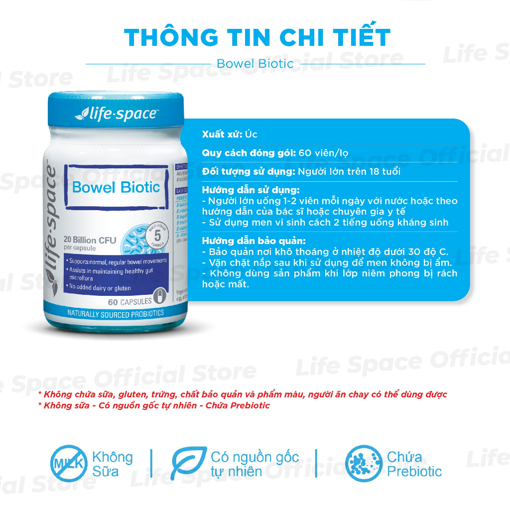 Men vi sinh Life Space Bowel Biotic hỗ trợ sức khỏe đường ruột lọ 60 viên