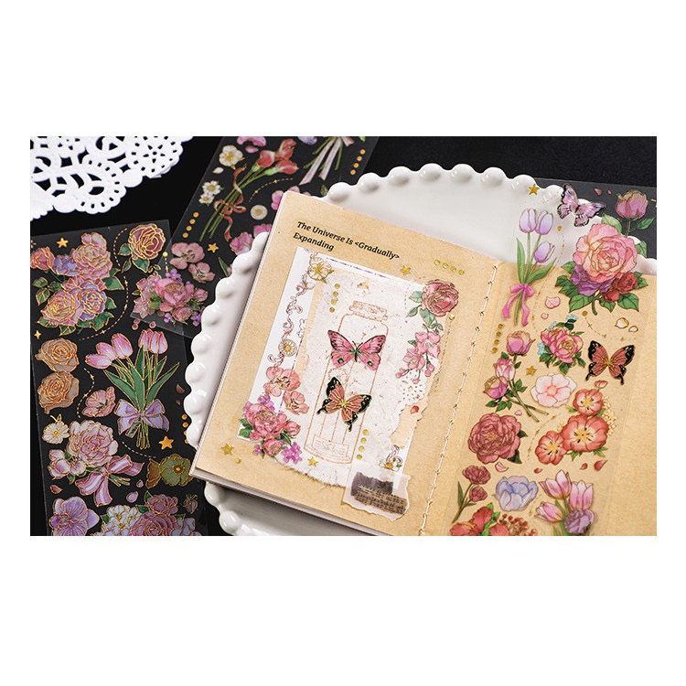Hình dán trang trí - Sticker pet hoa vintage ánh nhũ - Set 03 tấm