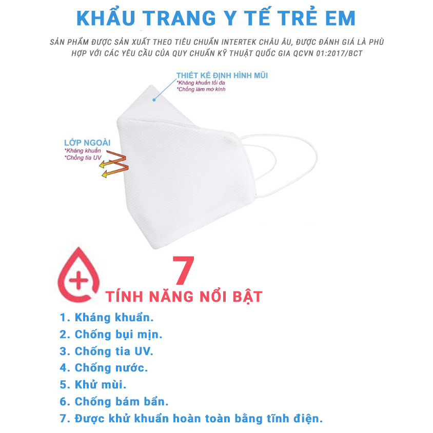 Khẩu trang vải Y TẾ trẻ em, khẩu trang KID BADBIRD màu trắng dành cho bé 3-6t, 3 lớp kháng khuẩn Made in VietNam