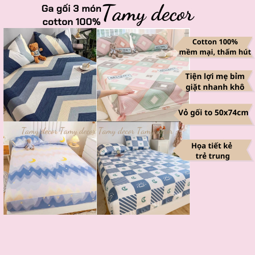 BST Bộ Ga Gối 3 Món hình kẻ Cotton 100% Tamy Decor Mềm Mại Mát Mẻ Thấm Hút Mồ Hôi Không Chăn