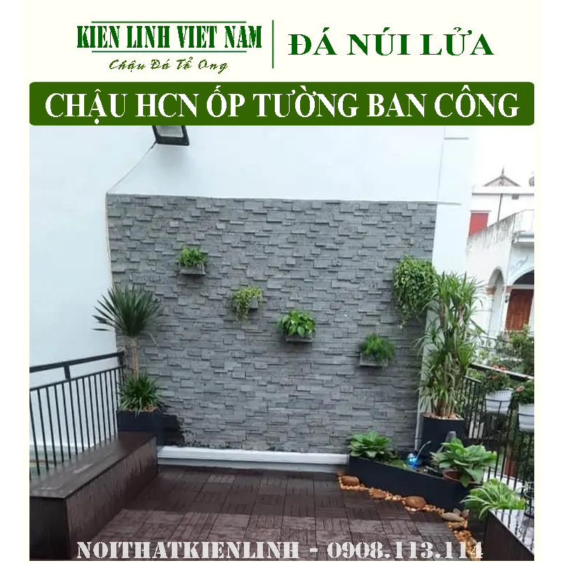 Chậu treo tường rào hình chữ nhật bằng đá ong xám tự nhiên độc đáo