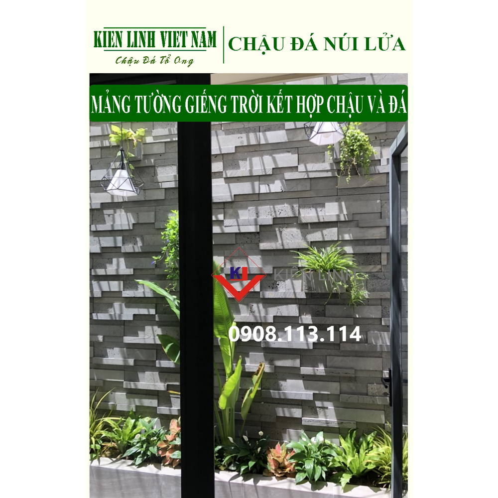 Chậu treo tường rào hình chữ nhật bằng đá ong xám tự nhiên độc đáo