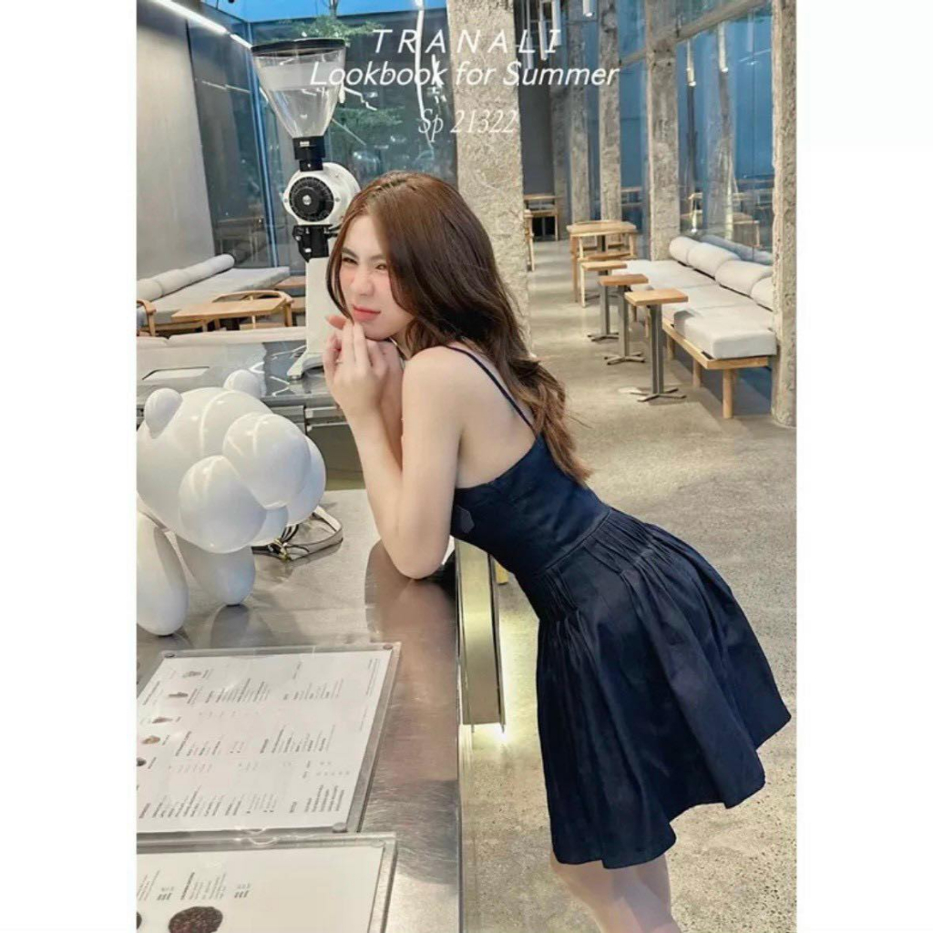 Đầm Xoè Hai Dây Jean Chiết Eo Kèm Ảnh Thật CC007