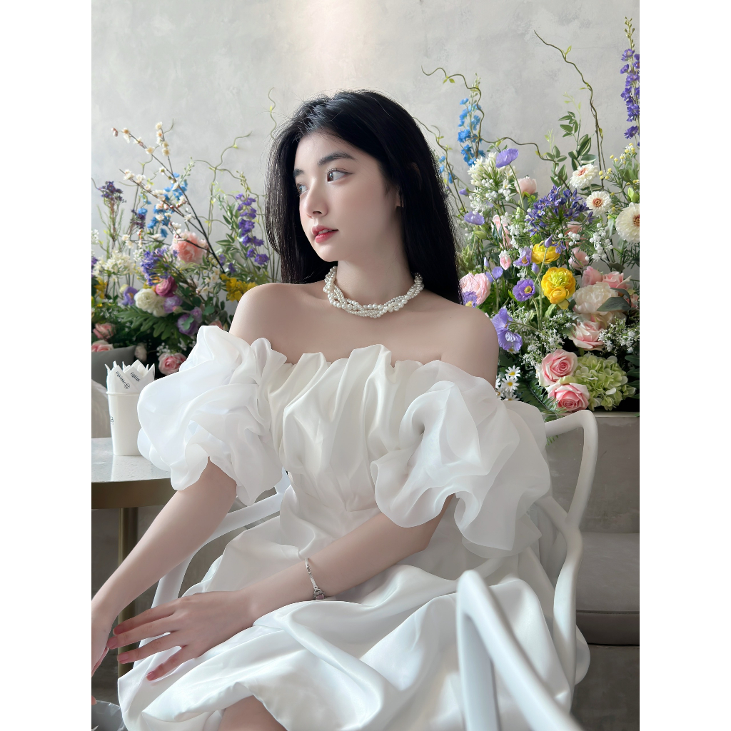 Đầm nữ dự tiệc Lena dress  có bigsize  thiết kế cúp ngực xòe tay bồng nhún CaoCaobycaochen có 3 màu đen trắng hồng