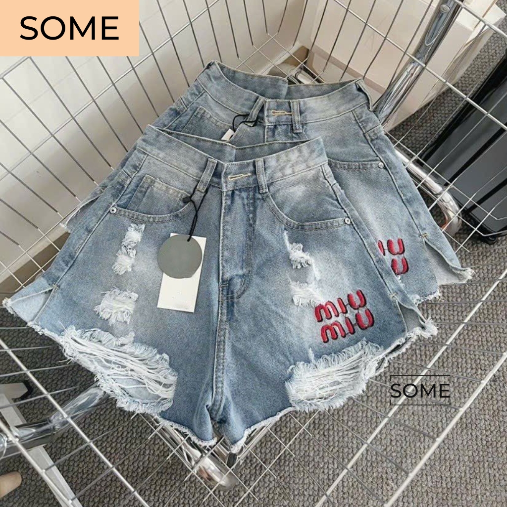 Quần Short Jean Nữ Kiểu Rách Tua Phối Thêu Chữ Cực Hót Thời Trang SOME - SM03