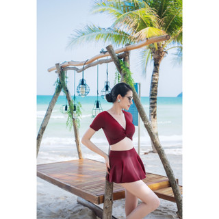 Bộ đồ bơi mã tb061 2 mảnh màu đỏ đô