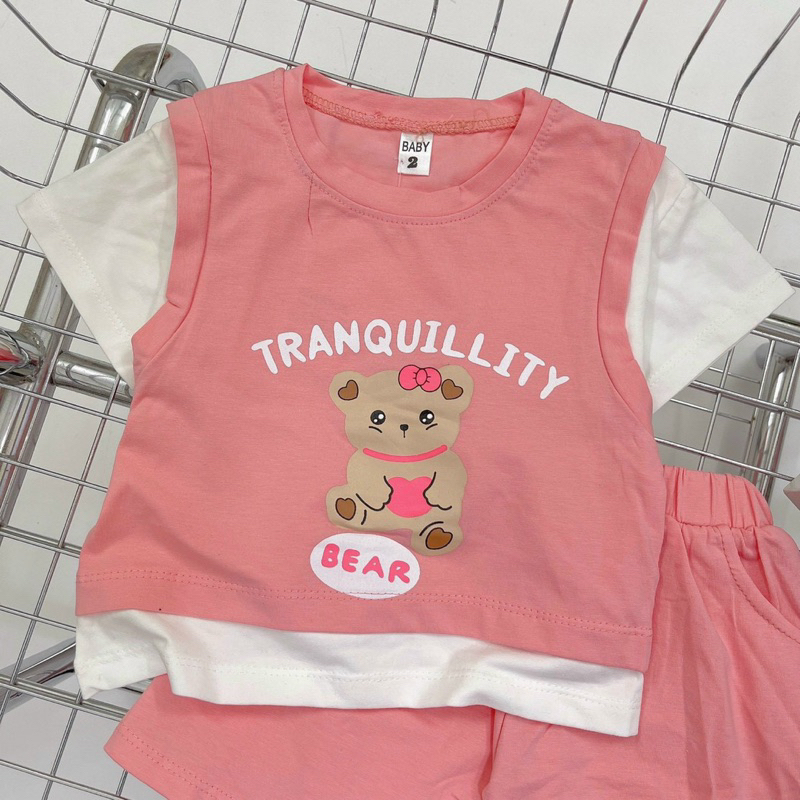 Bộ cotton tàu cho bé gái in hình xinh xắn phối màu năng động size 8-18kg