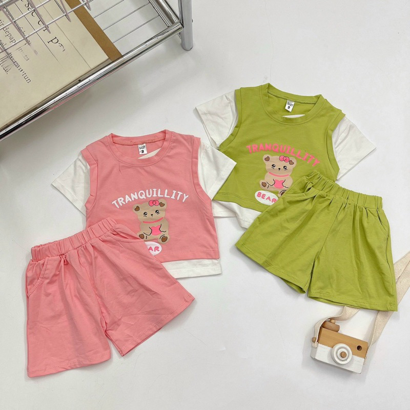 Bộ cotton tàu cho bé gái in hình xinh xắn phối màu năng động size 8-18kg