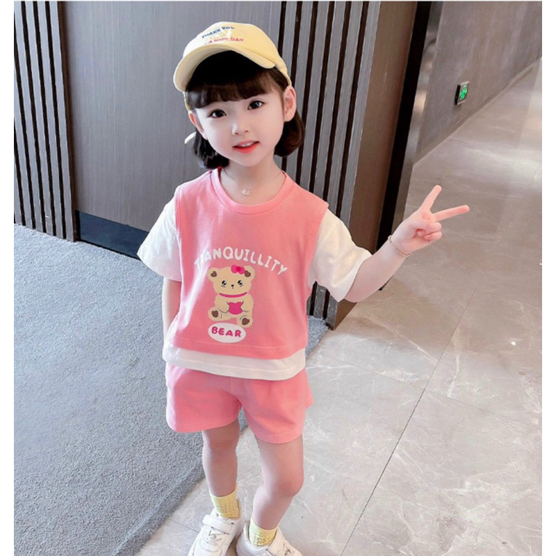 Bộ cotton tàu cho bé gái in hình xinh xắn phối màu năng động size 8-18kg
