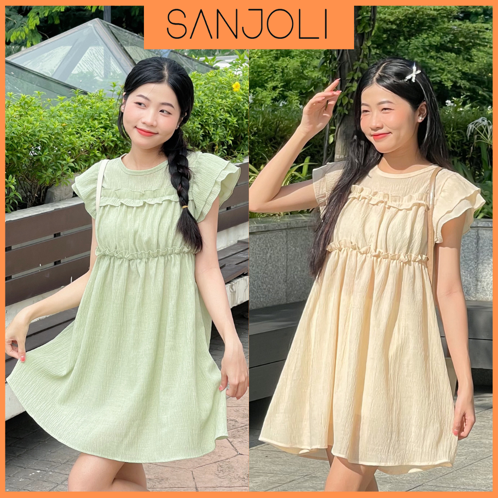 Váy Babydoll Xòe Tay Phồng SANJOLI Váy Đầm Babydoll Bánh Bèo Nhẹ Nhàng Nhún Ngực Chất Xoăn Tăm Hàn Quốc Cực Xinh VD015