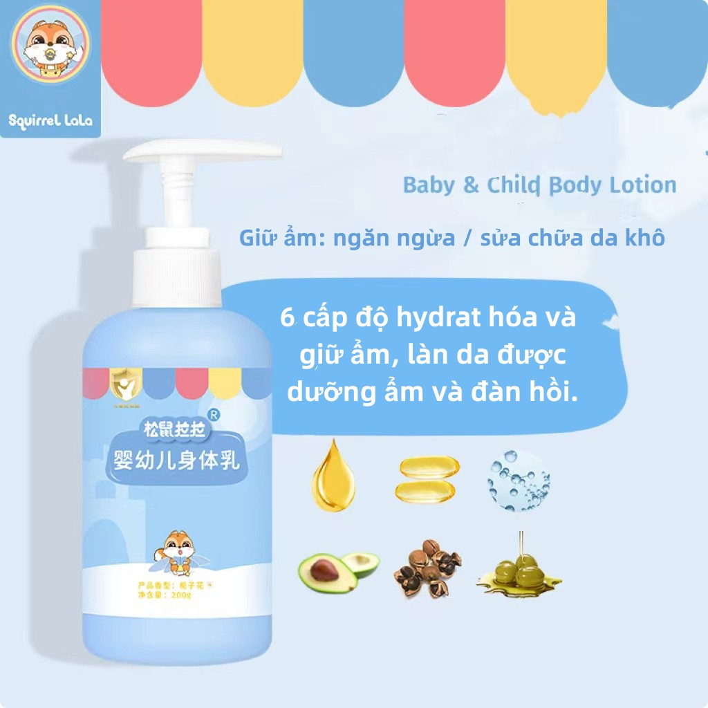 Squirrel lala Sữa dưỡng thể cho trẻ em，Chăm sóc da nhẹ nhàng cho trẻ sơ sinh  200ml