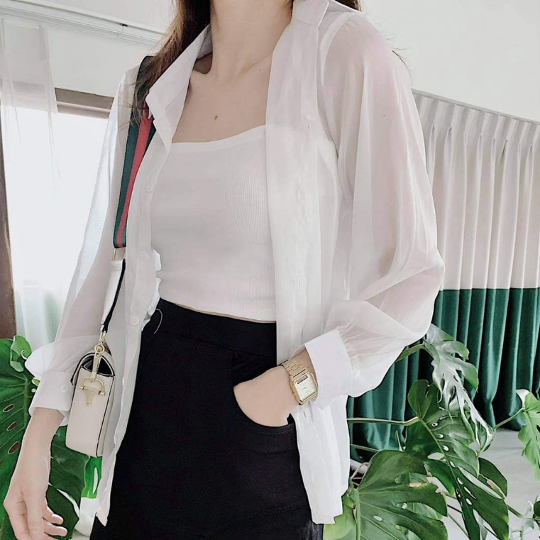 Áo sơ mi voan mỏng tay phồng, Sơ Mi Kiểu Tay Dài Hàn Quốc