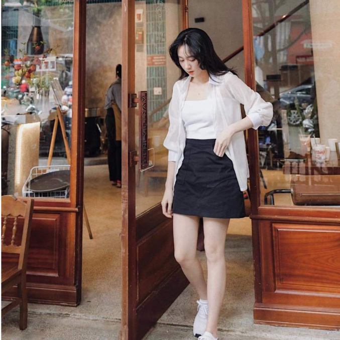 Áo sơ mi voan mỏng tay phồng, Sơ Mi Kiểu Tay Dài Hàn Quốc