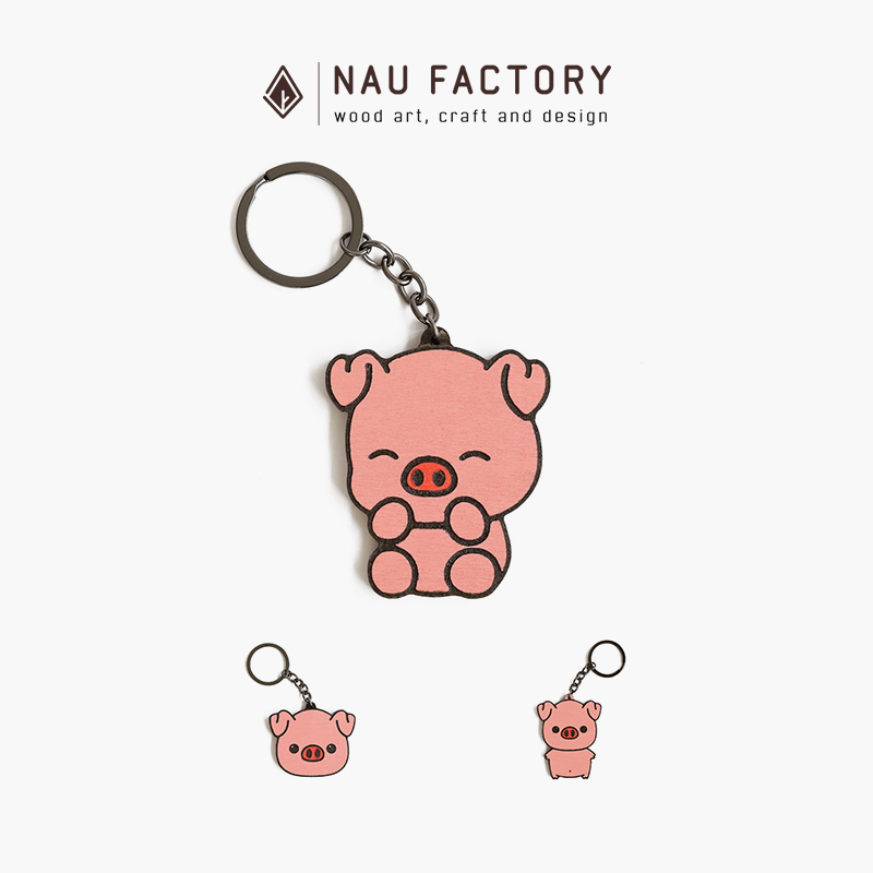 Móc khoá gỗ cắt shape tô màu thủ công NAU FACTORY – Heo hồng