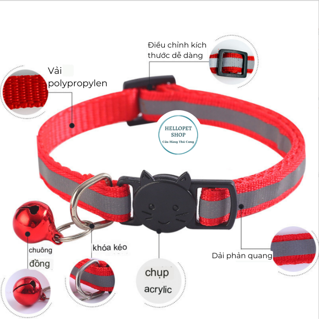 Vòng cổ cho chó mèo phản quang HELLOPET cao cấp, Vòng cổ lục lạc phản quang cho thú cưng nhiều màu sắc h55