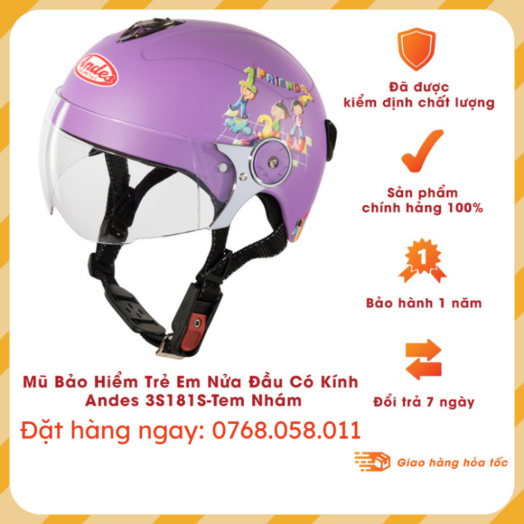 Mũ Bảo Hiểm Trẻ Em Có Kính Andes 108 Có Kính Chính Hãng - Bảo Hành 12 tháng - Lót Tháo Vệ Sinh Dễ Dàng